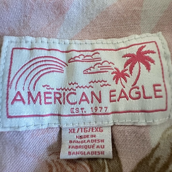 American Eagle Mens XL Shirt Pink Cotton Linen Short Sleeve Button Floral - Picture 6 of 9